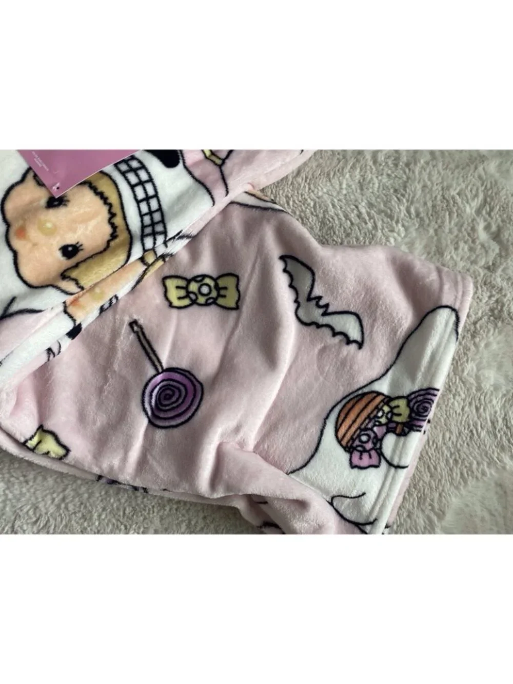 Halloween Candy Ghost Monchhichi Pink Soft Plush Throw Blanket 50” X 70” NEW